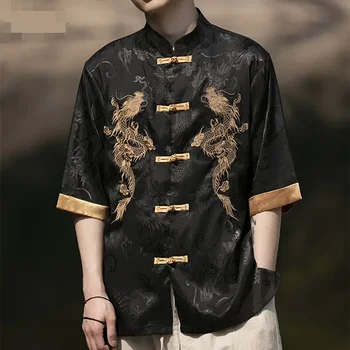 Letné Čínske Tradičné Šaty Plus Veľkosť Vysokej Kvality Dragon Výšivky Tričko Mužov Oblečenie Ice Hodváb Krátky Rukáv Ročníka Topy