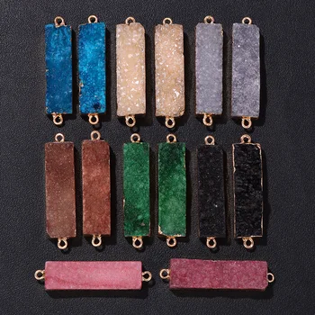 Prírodné Druzy Agat Prívesok 10x35mm Obdĺžnikový Farebné Crystal Agates Konektor zobrazili kľúčové tlačidlá Pre Šperky, Takže DIY Náramok Náhrdelník